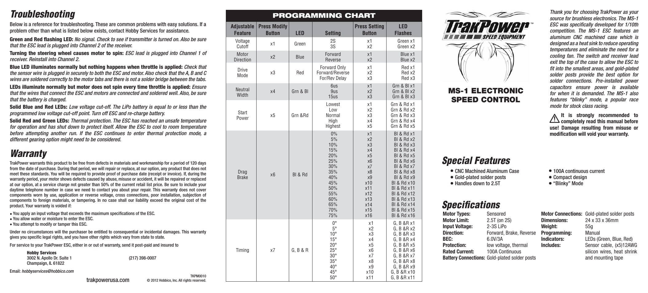 Special features, Specifi cations, Troubleshooting | Warranty, Ms-1 electronic speed control, Programming chart | TrakPower MS-1 Brushless ESC User Manual | Page 6 / 6