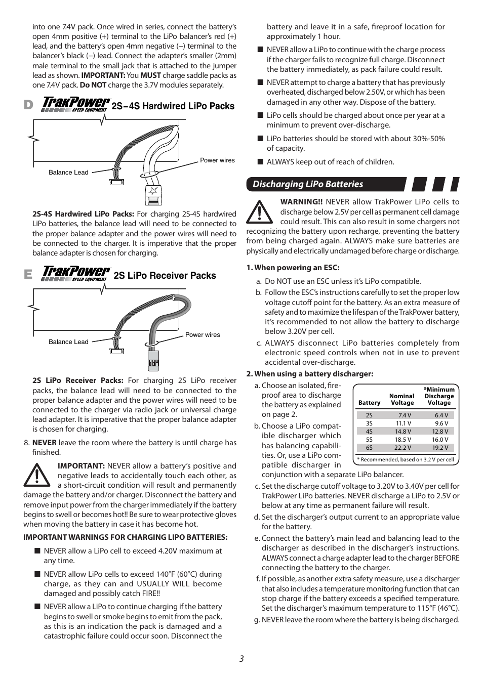 2s−4s hardwired lipo packs, 2s lipo receiver packs, Discharging lipo batteries | TrakPower Receiver Batteries User Manual | Page 3 / 4