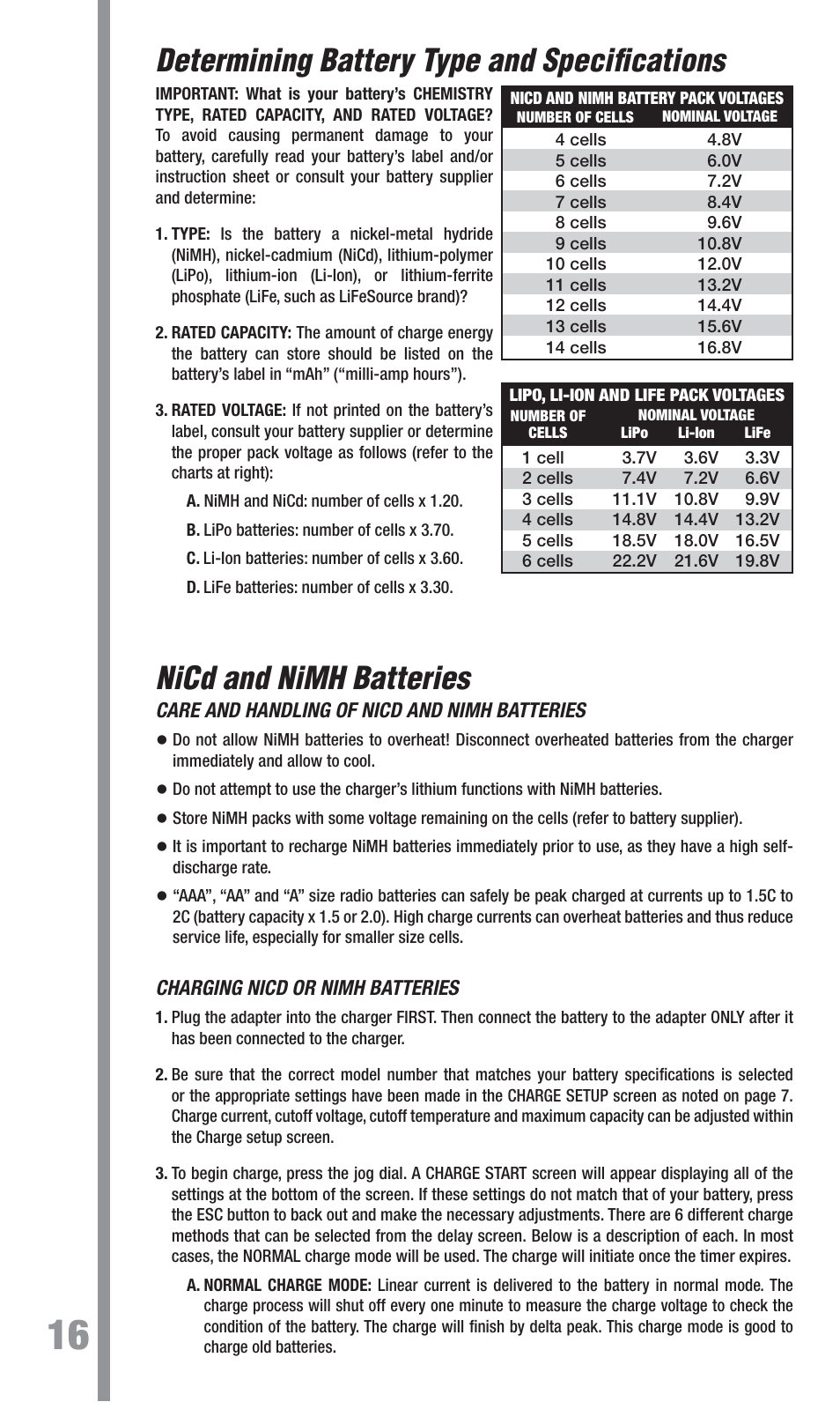 Determining battery type and specifi cations, Nicd and nimh batteries | TrakPower VR-1 Dual Racing Charger User Manual | Page 16 / 24