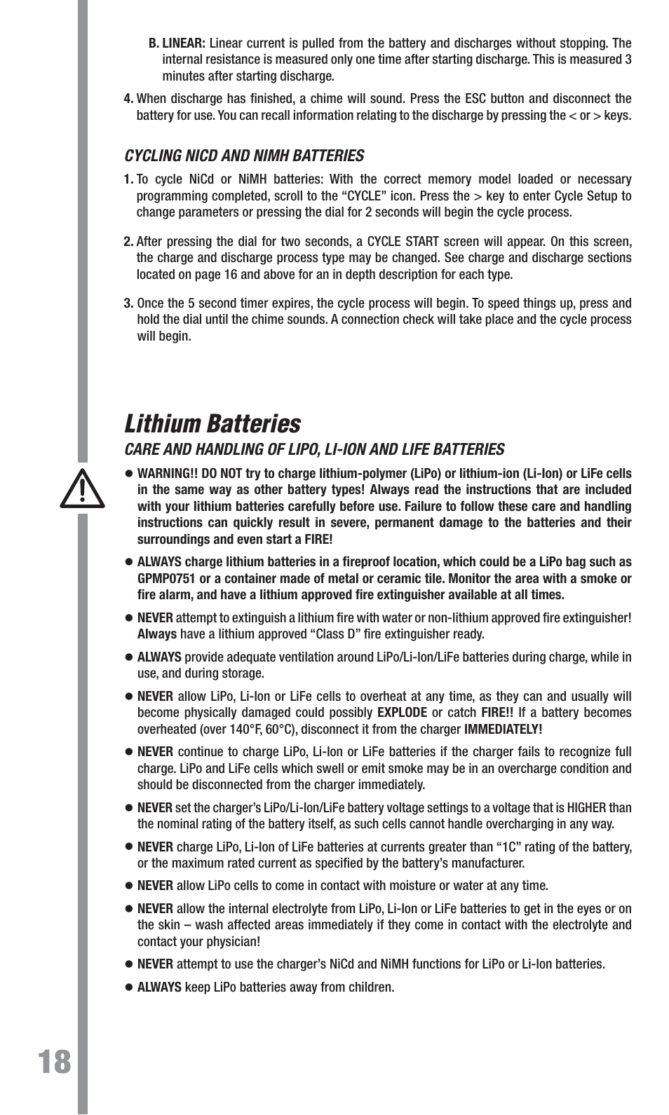 Lithium batteries | TrakPower VR-1 Dual Racing Charger User Manual | Page 18 / 24