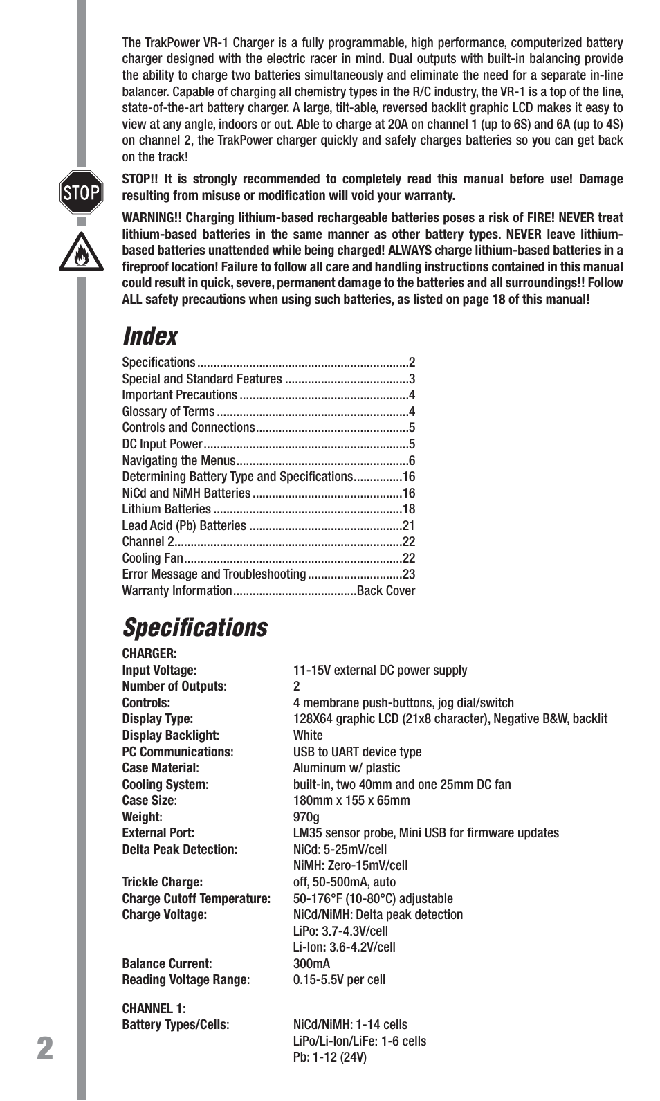 Index, Specifi cations | TrakPower VR-1 Dual Racing Charger User Manual | Page 2 / 24