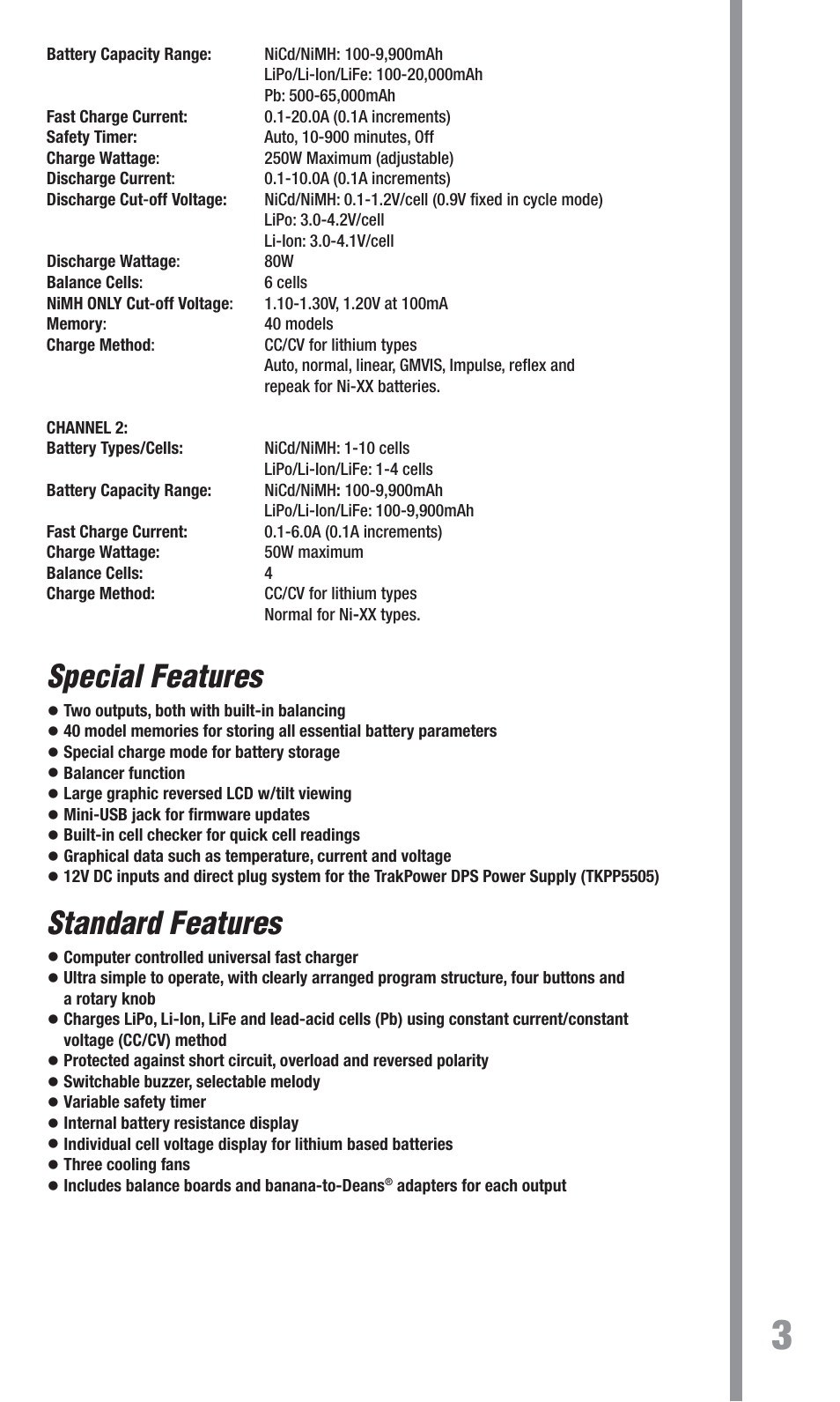 Special features, Standard features | TrakPower VR-1 Dual Racing Charger User Manual | Page 3 / 24