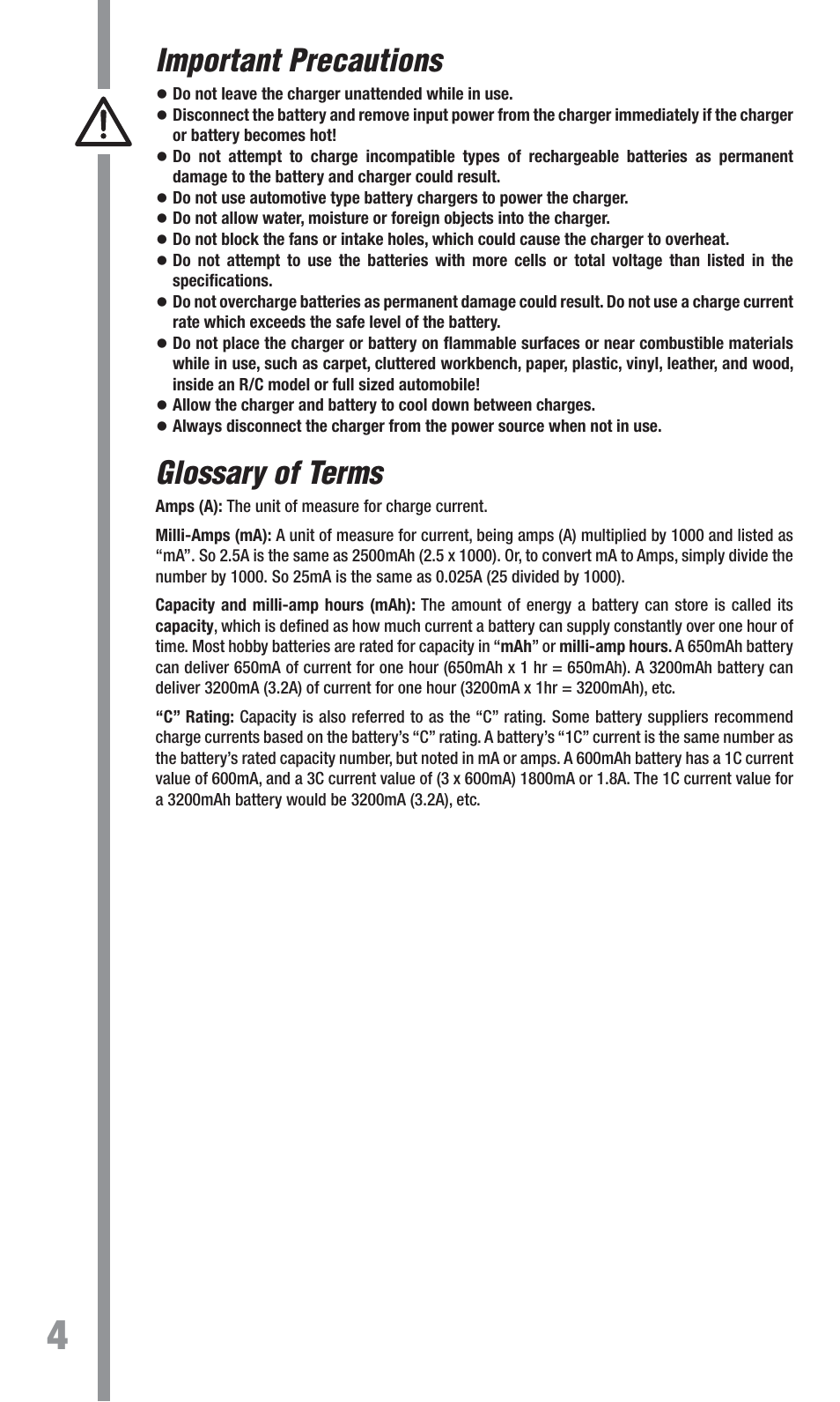 Important precautions, Glossary of terms | TrakPower VR-1 Dual Racing Charger User Manual | Page 4 / 24