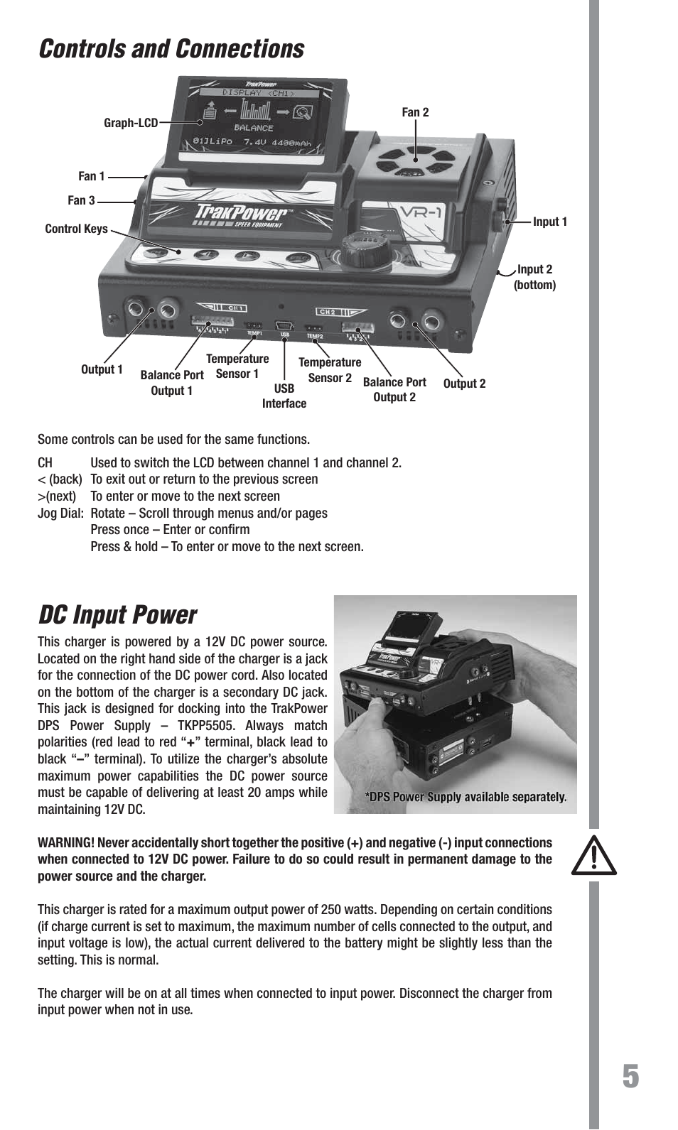 Controls and connections, Dc input power | TrakPower VR-1 Dual Racing Charger User Manual | Page 5 / 24