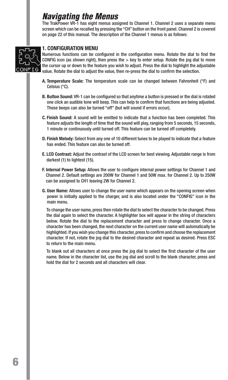 Navigating the menus | TrakPower VR-1 Dual Racing Charger User Manual | Page 6 / 24