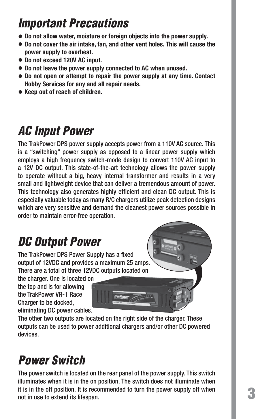 Important precautions, Ac input power, Dc output power | Power switch | TrakPower DPS 12V 25A Racing Power Supply User Manual | Page 3 / 8