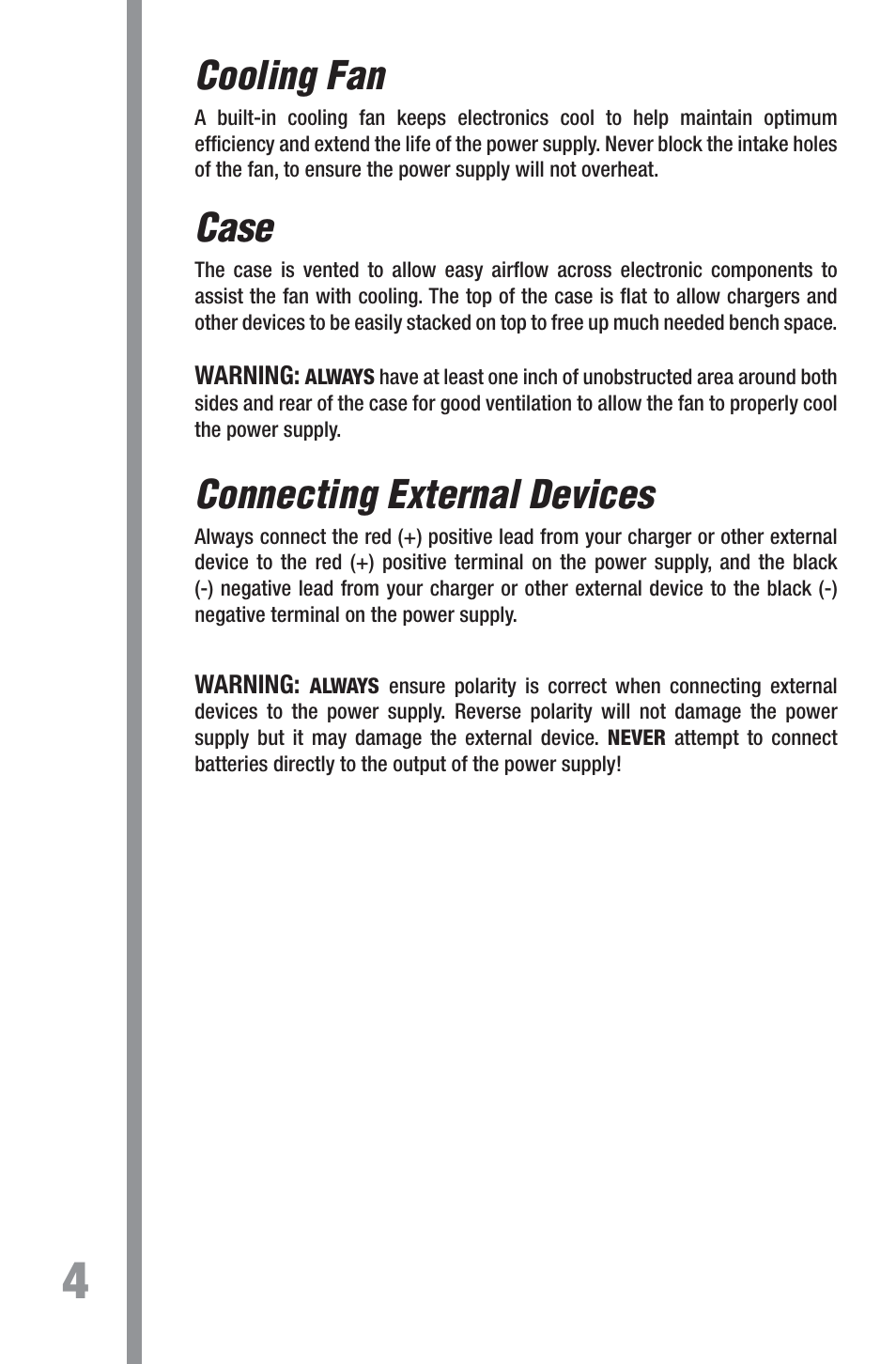 Cooling fan, Case, Connecting external devices | TrakPower DPS 12V 25A Racing Power Supply User Manual | Page 4 / 8