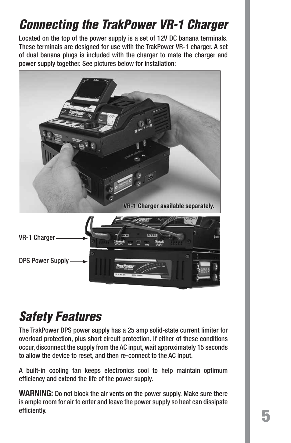 Connecting the trakpower vr-1 charger, Safety features | TrakPower DPS 12V 25A Racing Power Supply User Manual | Page 5 / 8