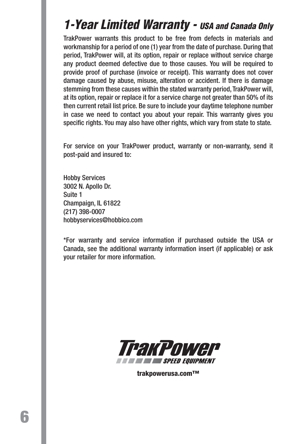 Year limited warranty | TrakPower DPS 12V 25A Racing Power Supply User Manual | Page 6 / 8