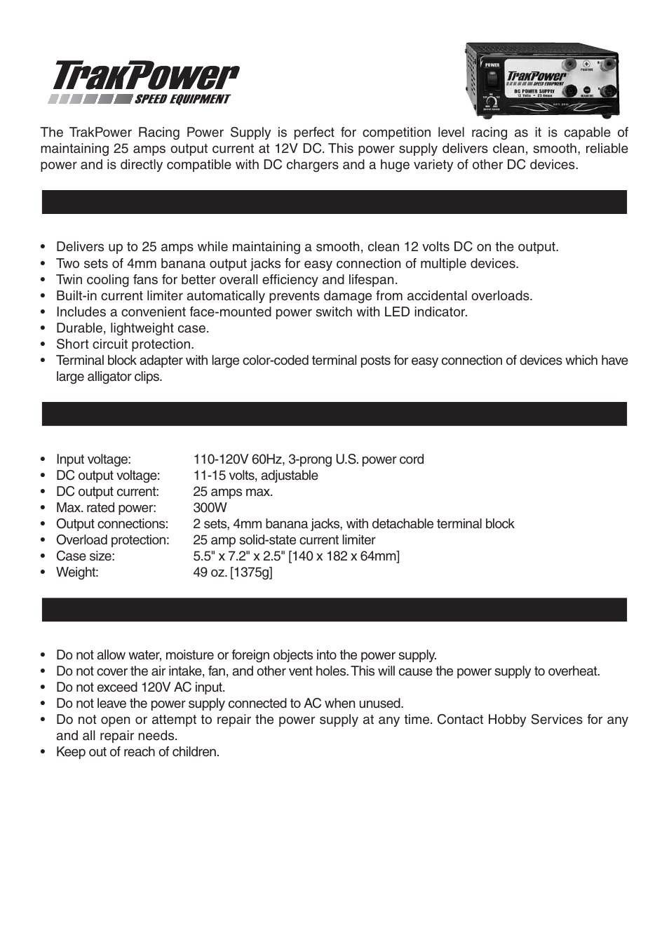 TrakPower 25A 12V Racing Power Supply User Manual | 4 pages