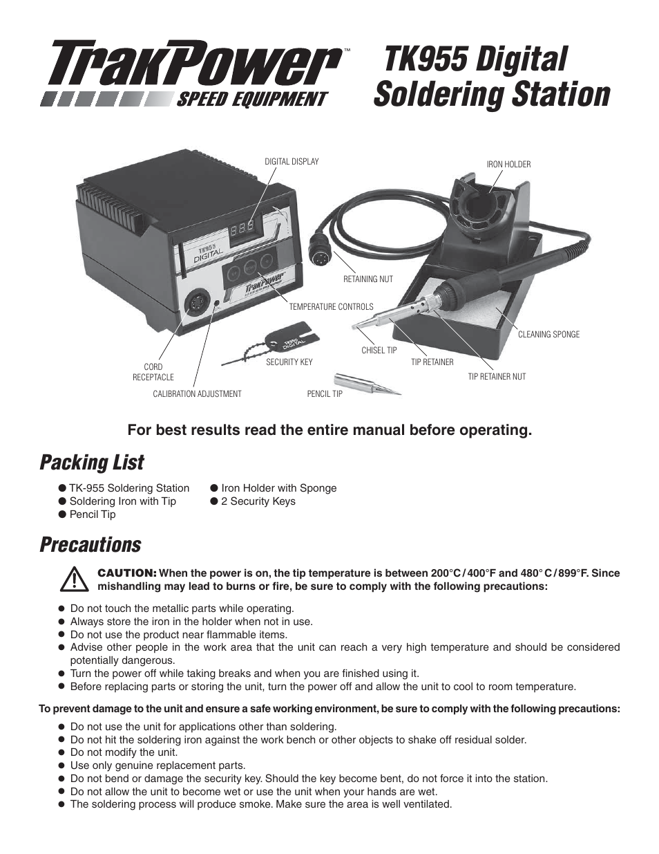 TrakPower TK955 Digital Soldering Station User Manual | 4 pages