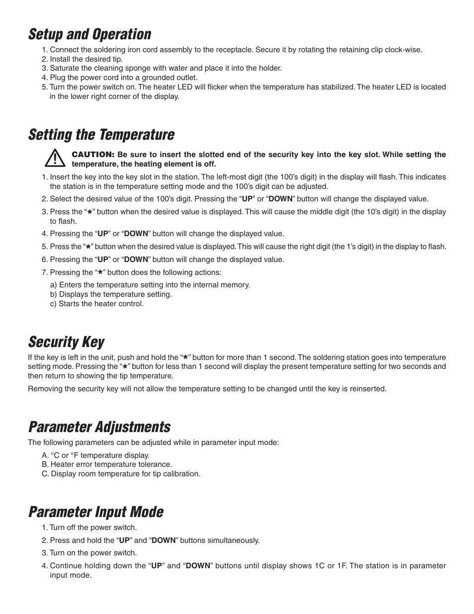 Setup and operation, Setting the temperature, Security key | Parameter adjustments, Parameter input mode | TrakPower TK955 Digital Soldering Station User Manual | Page 2 / 4