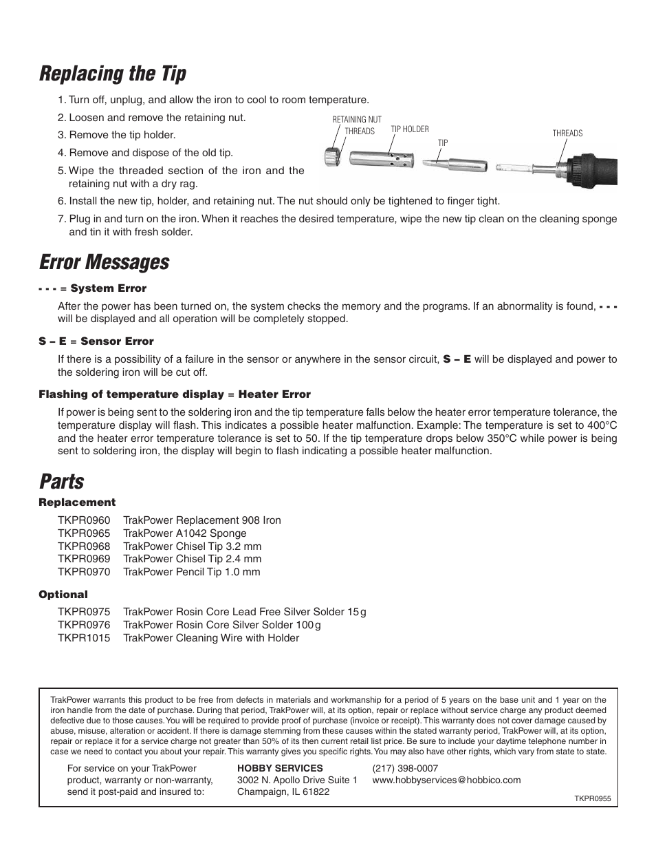 Replacing the tip, Error messages, Parts | TrakPower TK955 Digital Soldering Station User Manual | Page 4 / 4