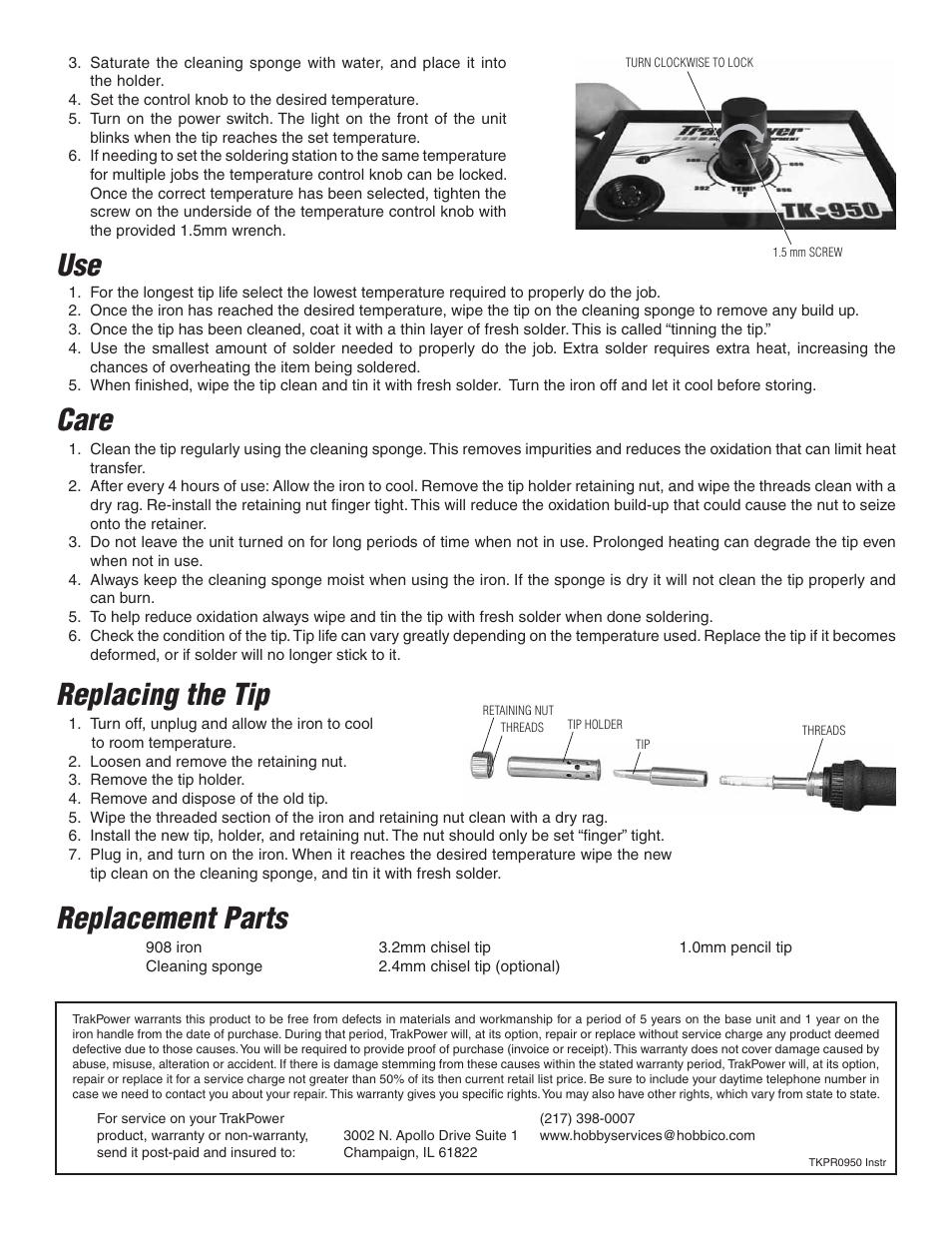 Care, Replacement parts, Replacing the tip | TrakPower TK950 Soldering Station User Manual | Page 2 / 2