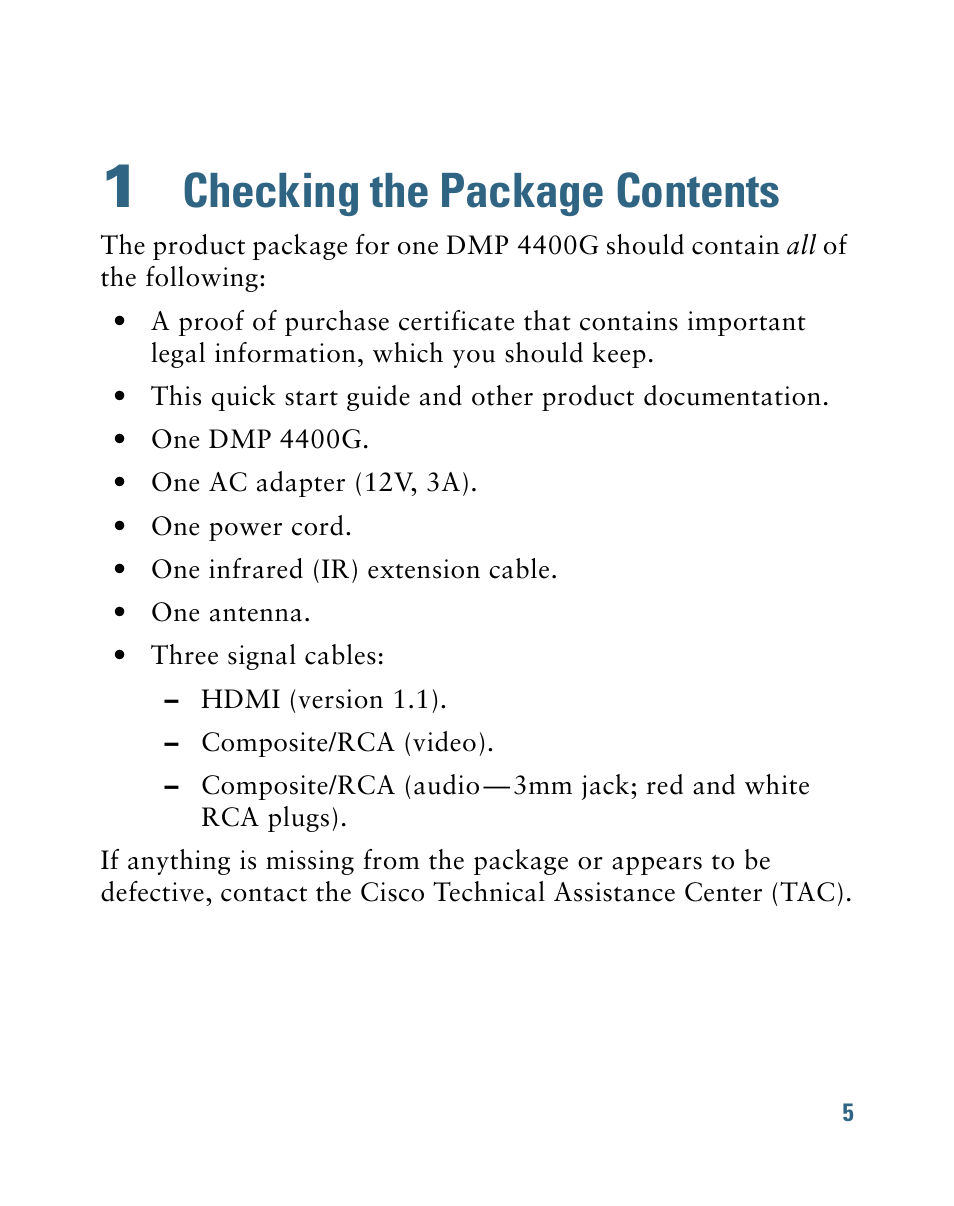 1 checking the package contents, Checking the package contents | Cisco 4400G User Manual | Page 5 / 28