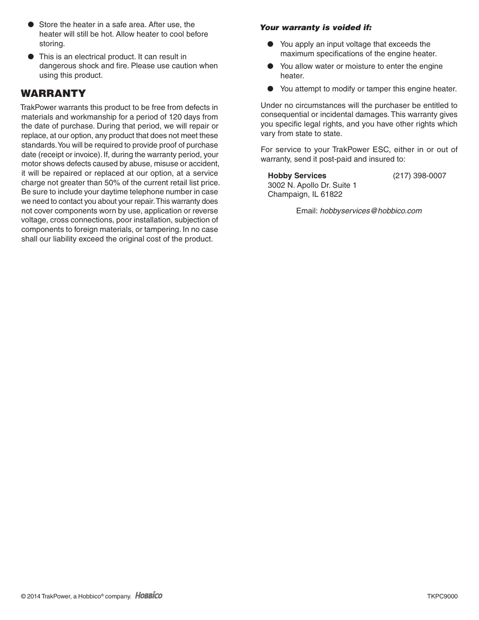 Warranty | TrakPower 12V DC Nitro Engine Heater User Manual | Page 2 / 2