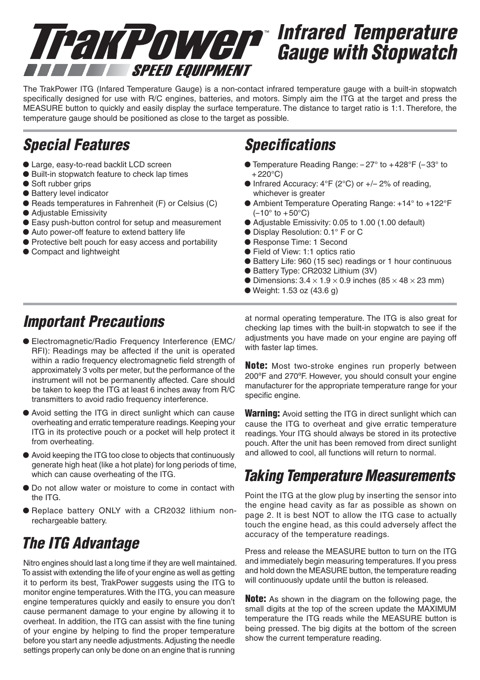 TrakPower Temperature Gauge with Stopwatch User Manual | 4 pages