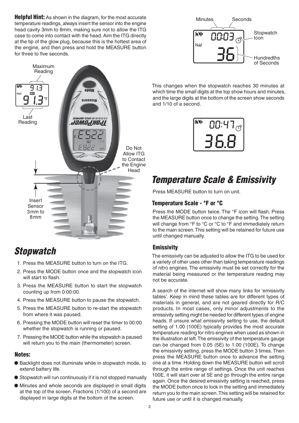 Stopwatch, Temperature scale & emissivity | TrakPower Temperature Gauge with Stopwatch User Manual | Page 2 / 4