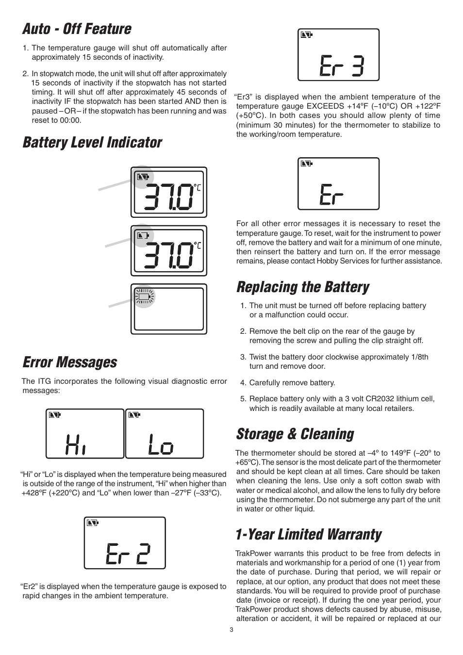 Auto - off feature, Battery level indicator, Error messages | Replacing the battery, Storage & cleaning, Year limited warranty | TrakPower Temperature Gauge with Stopwatch User Manual | Page 3 / 4