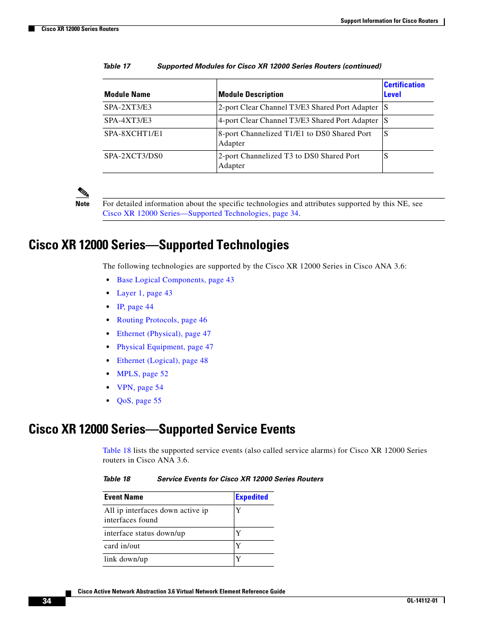 Cisco xr 12000 series-supported technologies, Cisco xr 12000 series-supported service events | Cisco 7200 User Manual | Page 26 / 50