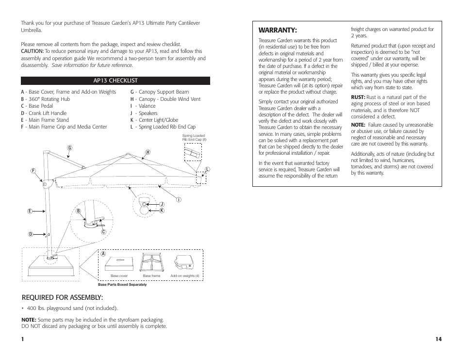 Warranty, Required for assembly | Treasure Garden AP13 User Manual | Page 15 / 16