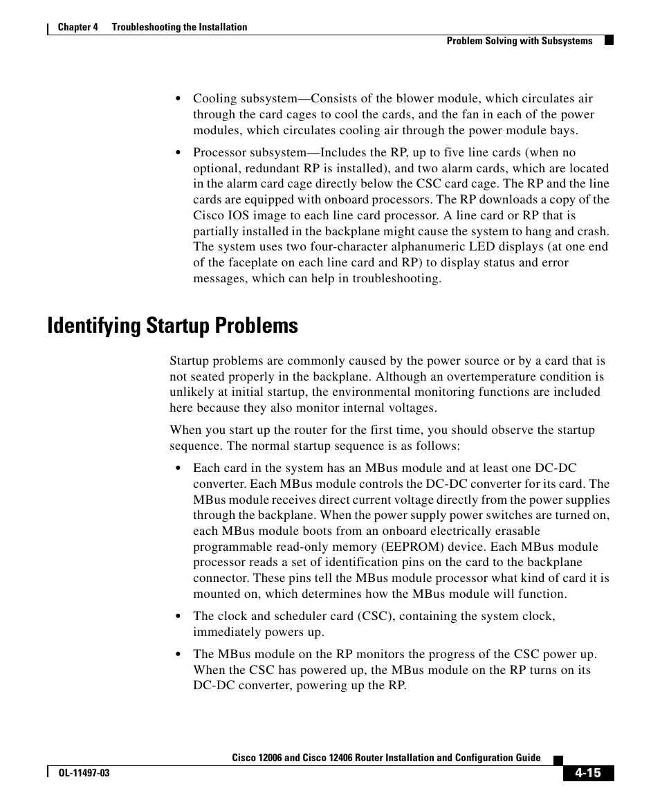 Identifying startup problems | Cisco 12406 User Manual | Page 15 / 36