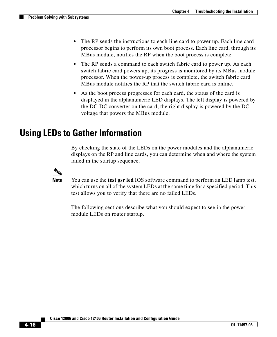 Using leds to gather information | Cisco 12406 User Manual | Page 16 / 36