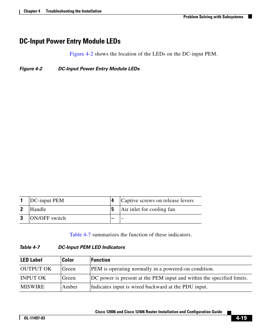 Dc-input power entry module leds | Cisco 12406 User Manual | Page 19 / 36
