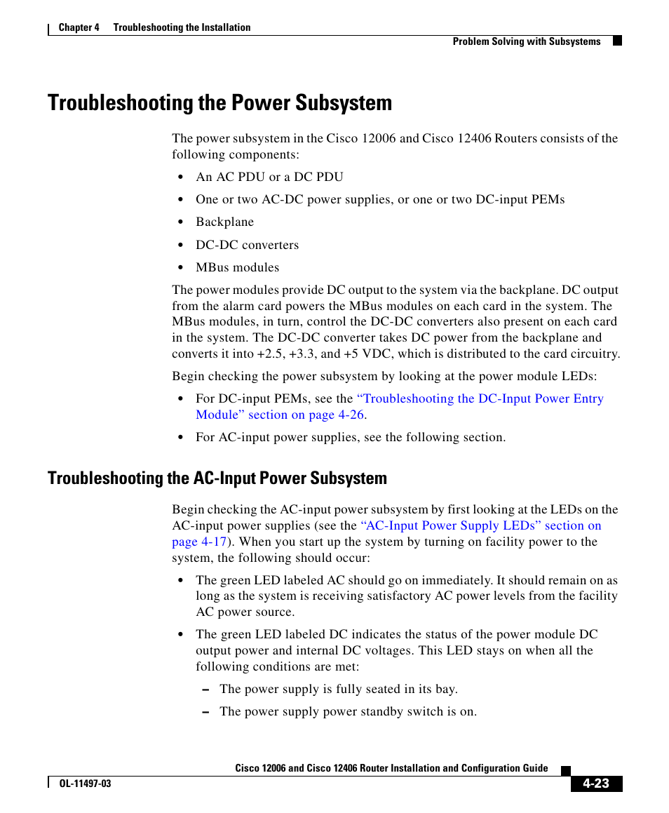 Troubleshooting the power subsystem, Troubleshooting the ac-input power subsystem | Cisco 12406 User Manual | Page 23 / 36
