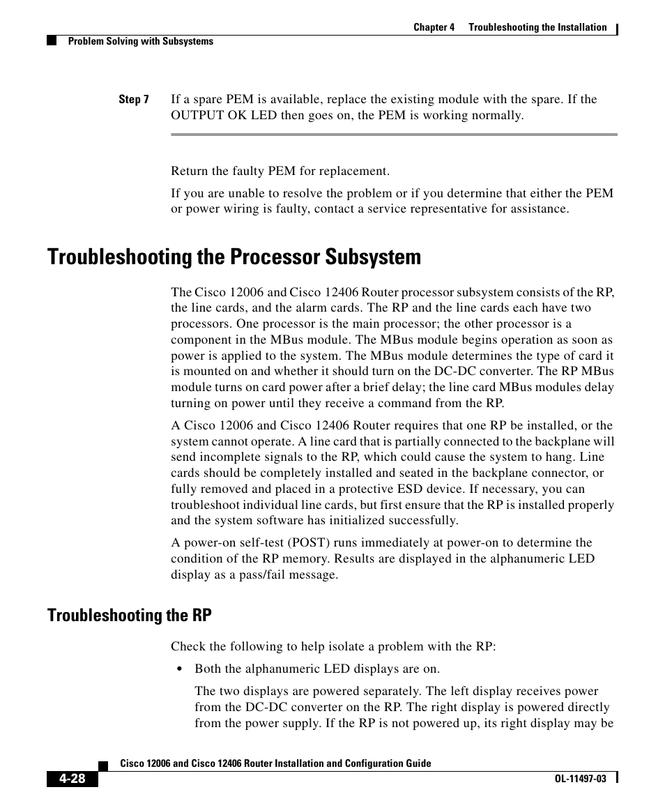 Troubleshooting the processor subsystem, Troubleshooting the rp | Cisco 12406 User Manual | Page 28 / 36