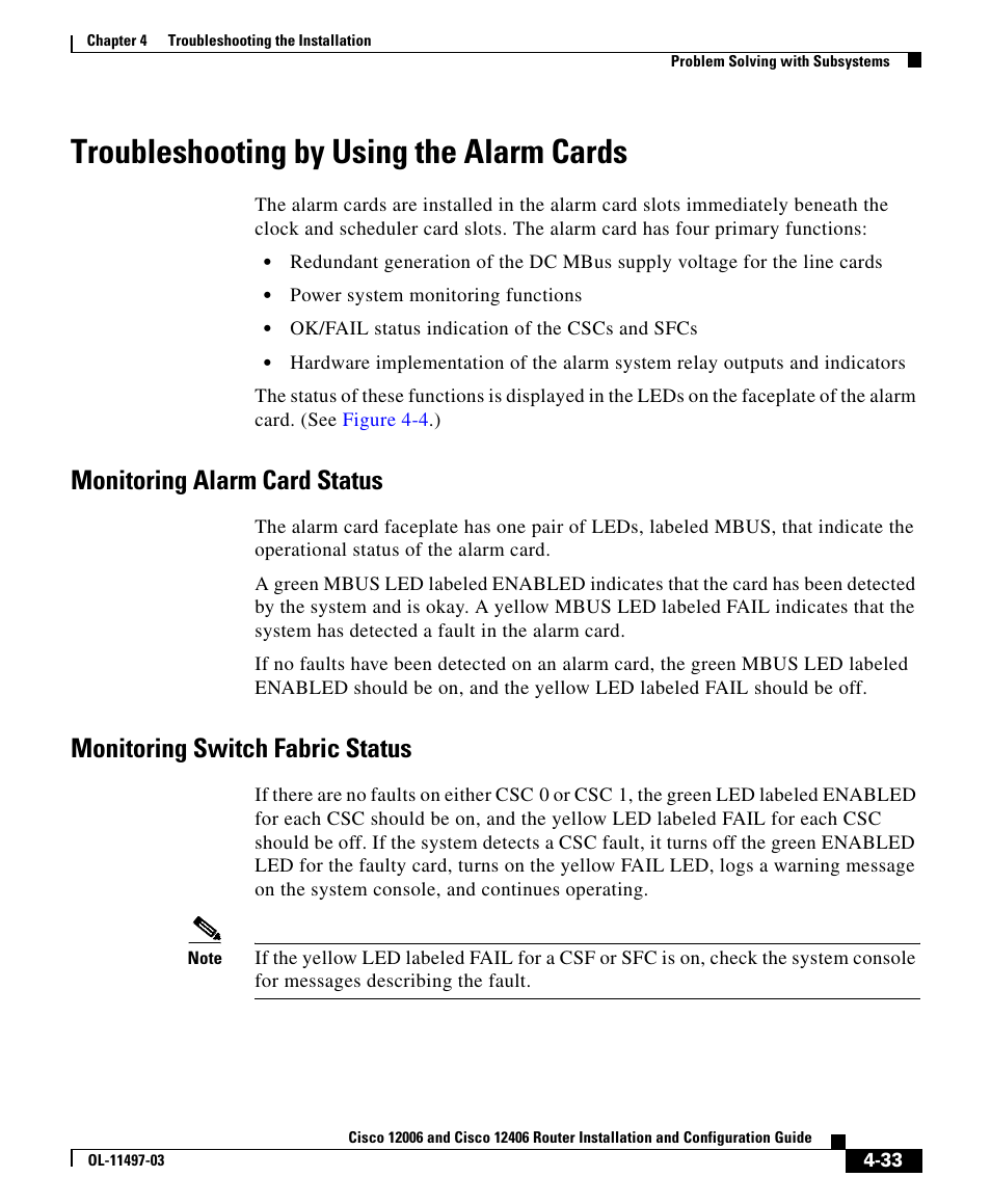 Troubleshooting by using the alarm cards, Monitoring alarm card status, Monitoring switch fabric status | Cisco 12406 User Manual | Page 33 / 36