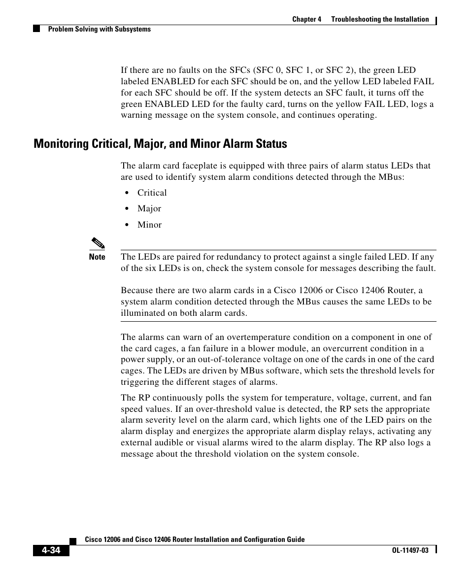 Monitoring critical, major, and minor alarm status | Cisco 12406 User Manual | Page 34 / 36