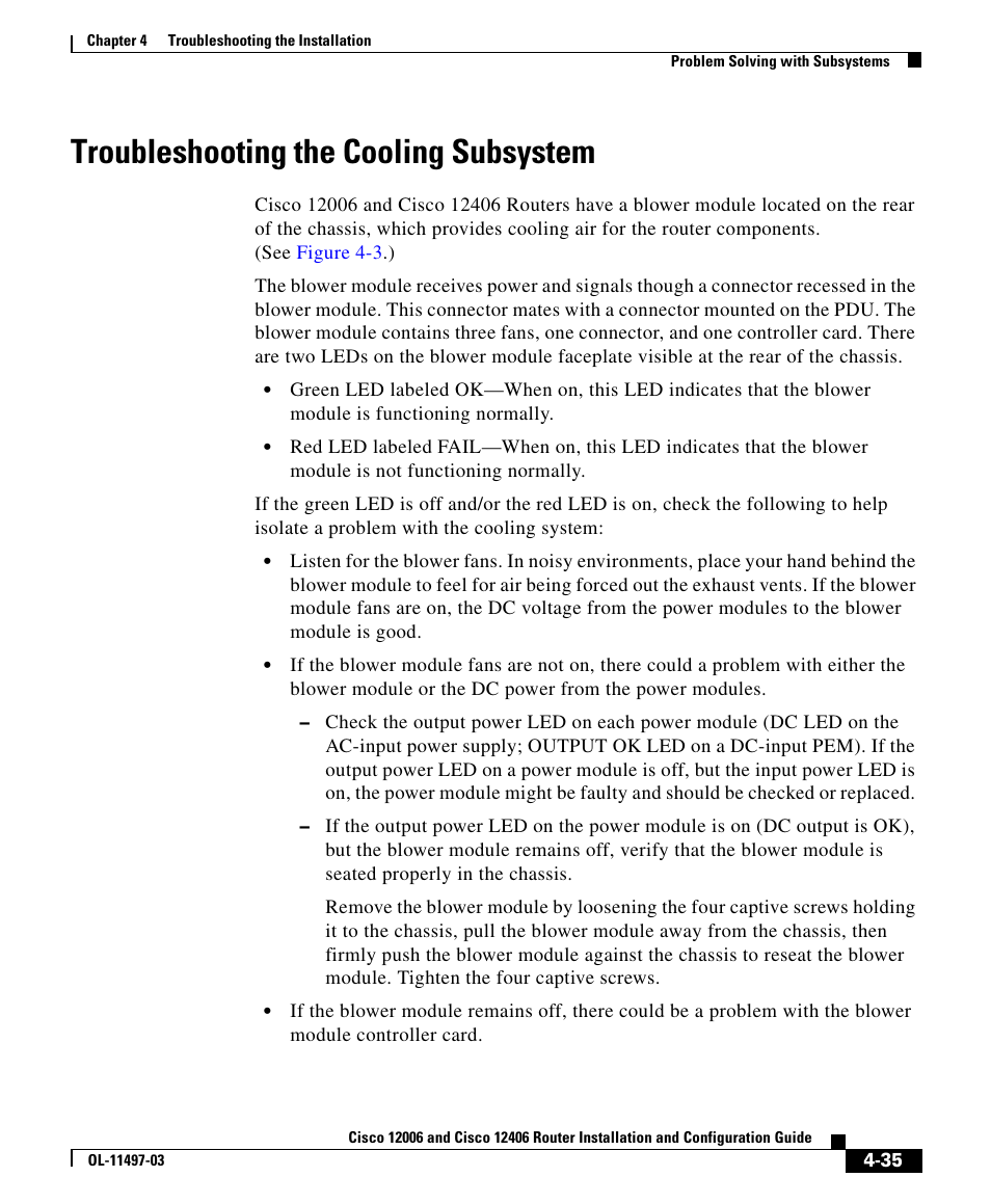 Troubleshooting the cooling subsystem | Cisco 12406 User Manual | Page 35 / 36