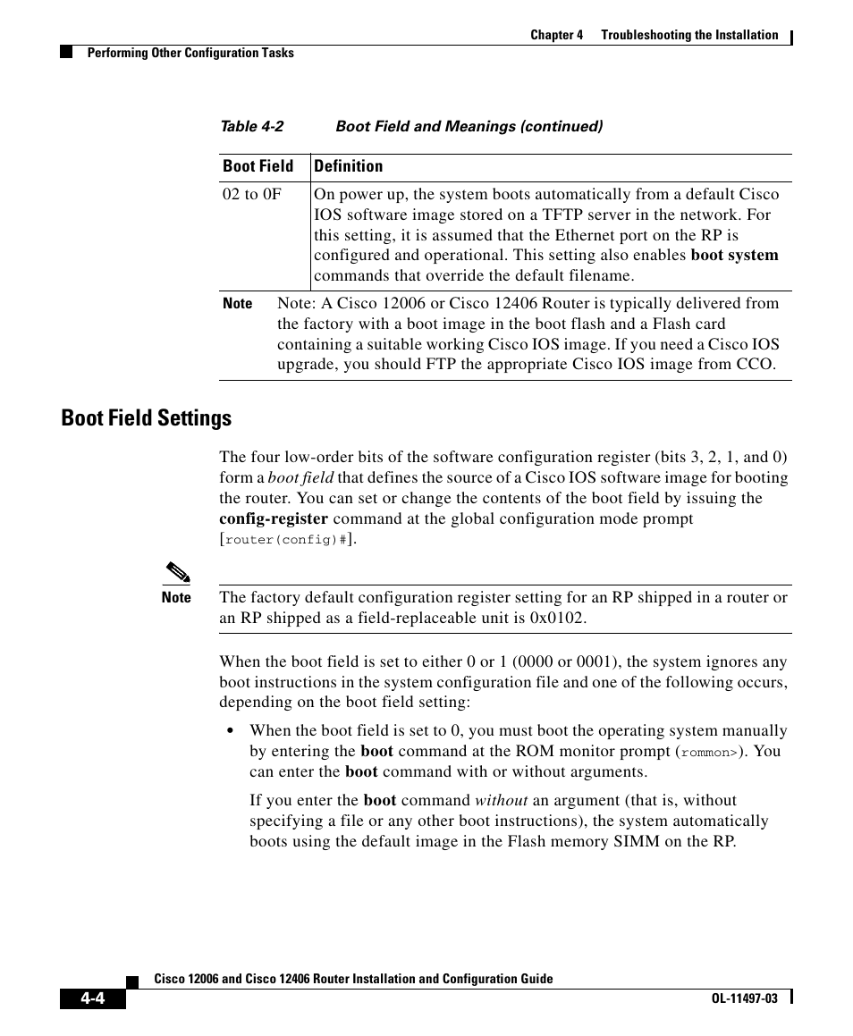 Boot field settings | Cisco 12406 User Manual | Page 4 / 36