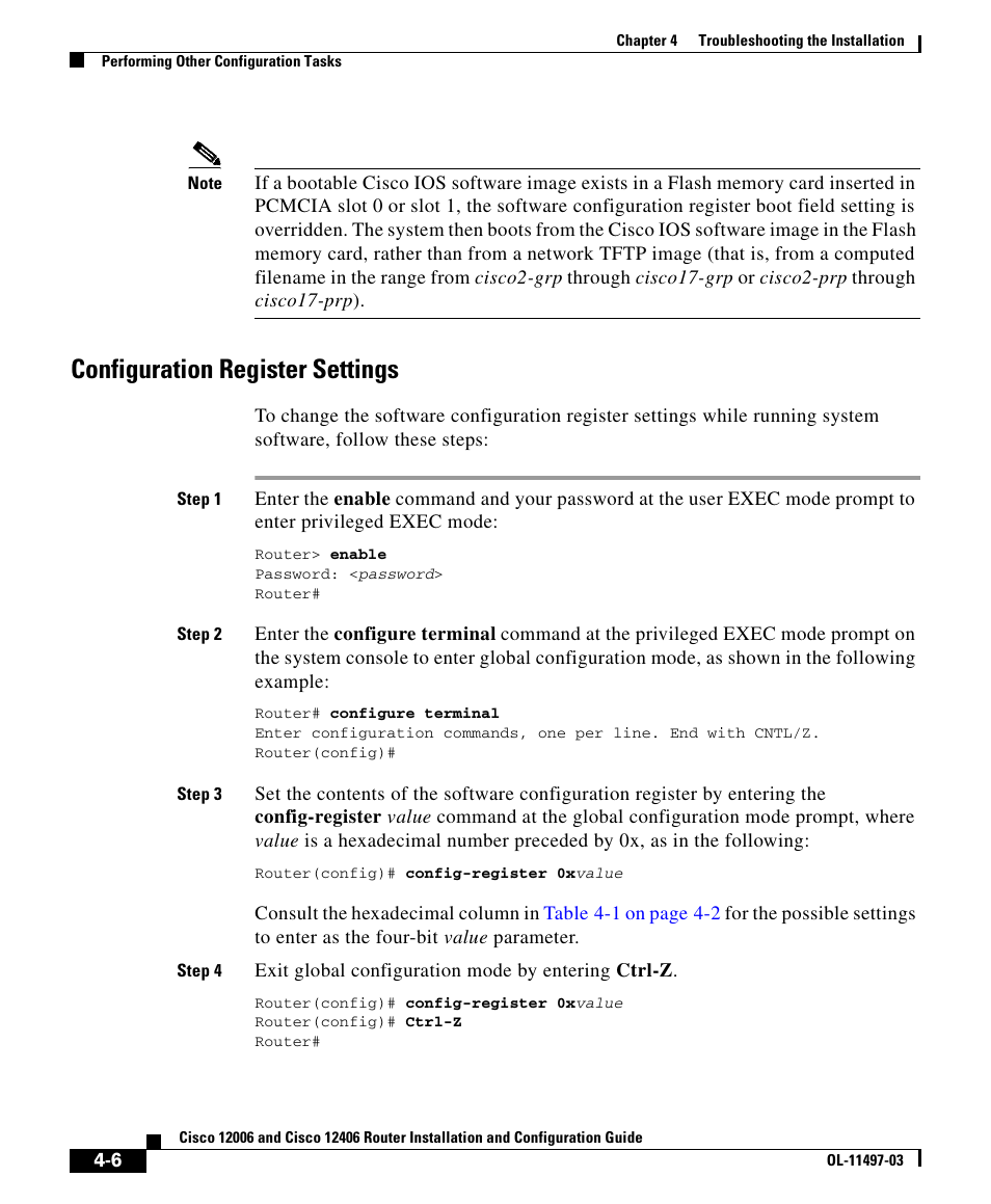 Configuration register settings | Cisco 12406 User Manual | Page 6 / 36