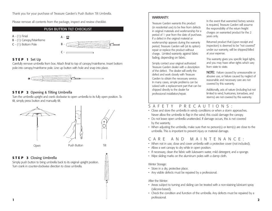 Treasure Garden Push Button Tilt User Manual | Page 2 / 4