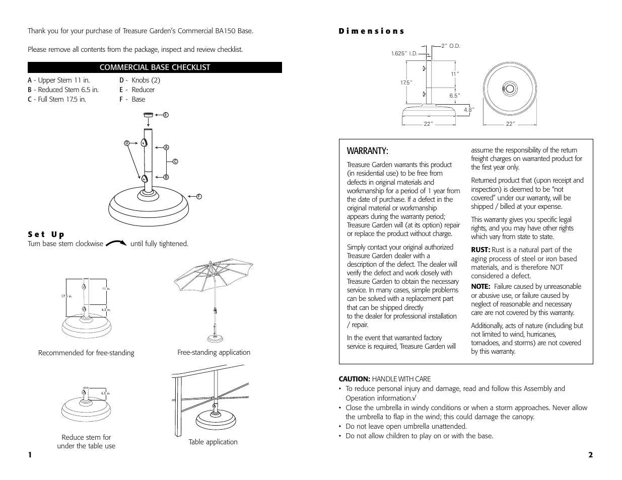 Warranty | Treasure Garden BA150x Commerical Base User Manual | Page 2 / 4