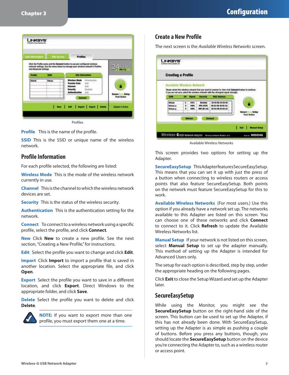 Configuration, Profile information, Create a new profile | Secureeasysetup | Cisco WUSB54G User Manual | Page 10 / 40