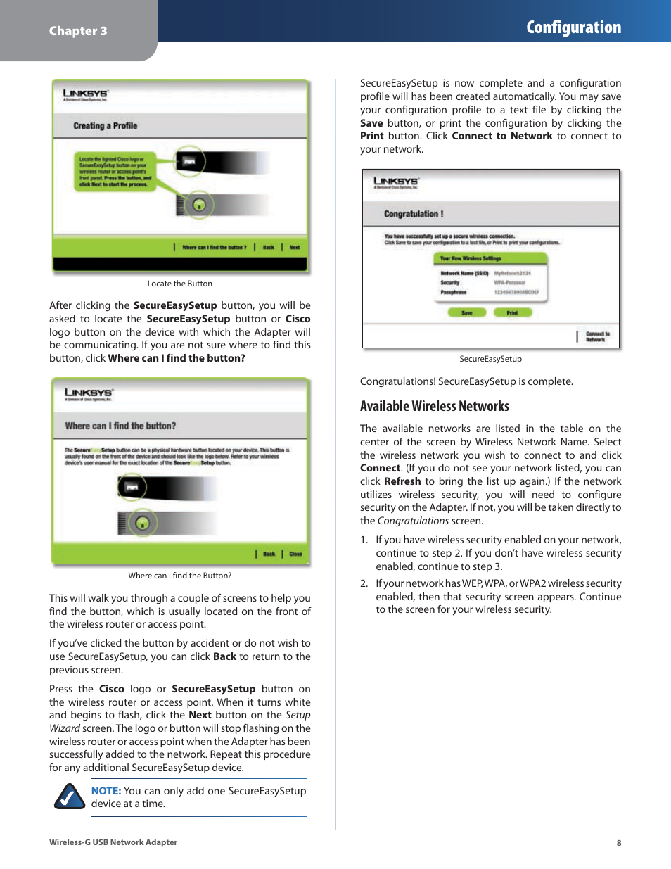 Configuration, Available wireless networks | Cisco WUSB54G User Manual | Page 11 / 40