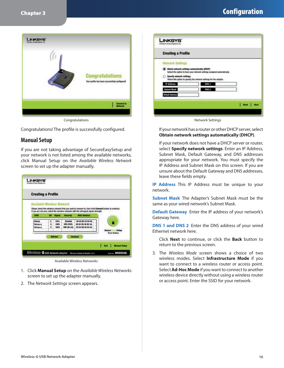 Configuration, Manual setup | Cisco WUSB54G User Manual | Page 13 / 40