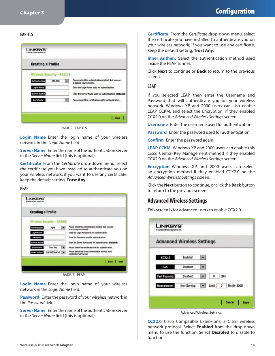 Configuration, Advanced wireless settings | Cisco WUSB54G User Manual | Page 17 / 40