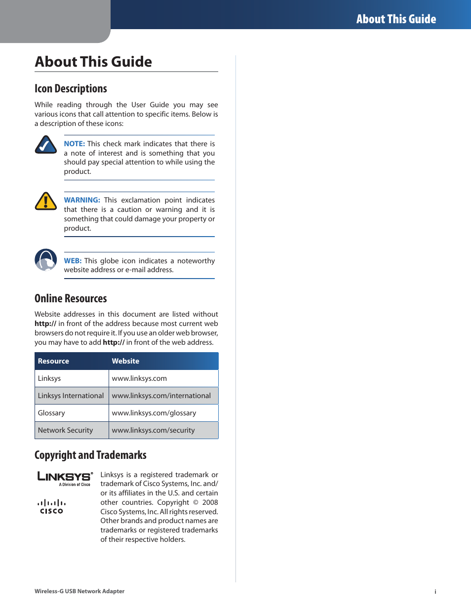 About this guide, Icon descriptions, Online resources | Copyright and trademarks | Cisco WUSB54G User Manual | Page 2 / 40