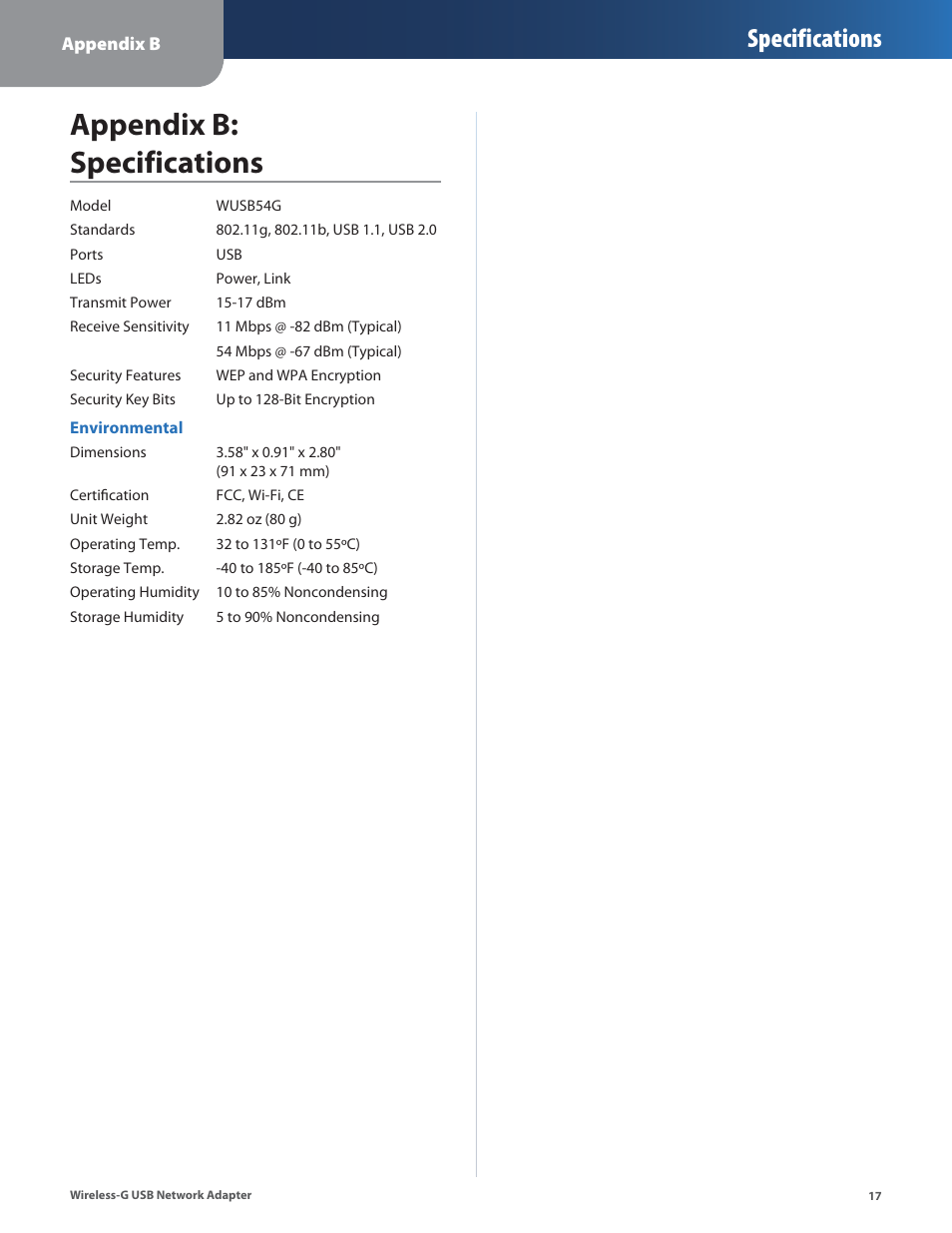 Appendix b: specifications, Specifications | Cisco WUSB54G User Manual | Page 20 / 40
