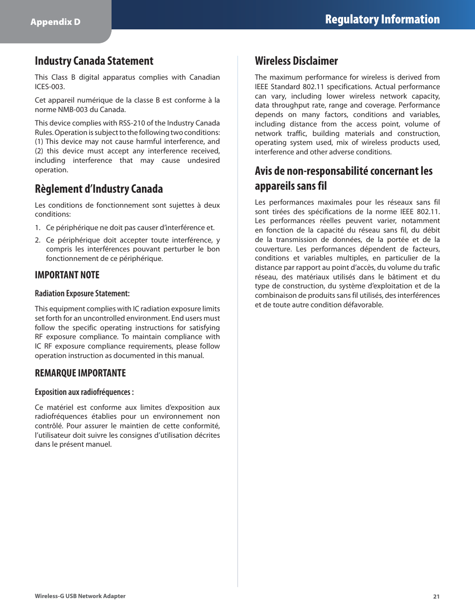 Industry canada statement, Règlement d’industry canada, Wireless disclaimer | Regulatory information, Remarque importante | Cisco WUSB54G User Manual | Page 24 / 40