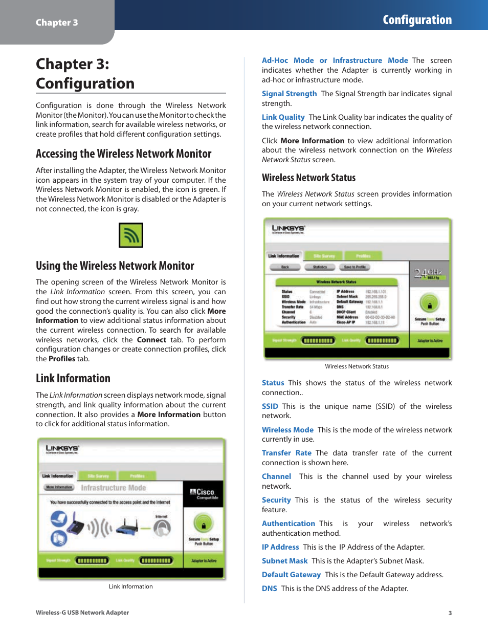 Chapter 3: configuration, Accessing the wireless network monitor, Using the wireless network monitor | Link information, Configuration, Wireless network status | Cisco WUSB54G User Manual | Page 6 / 40