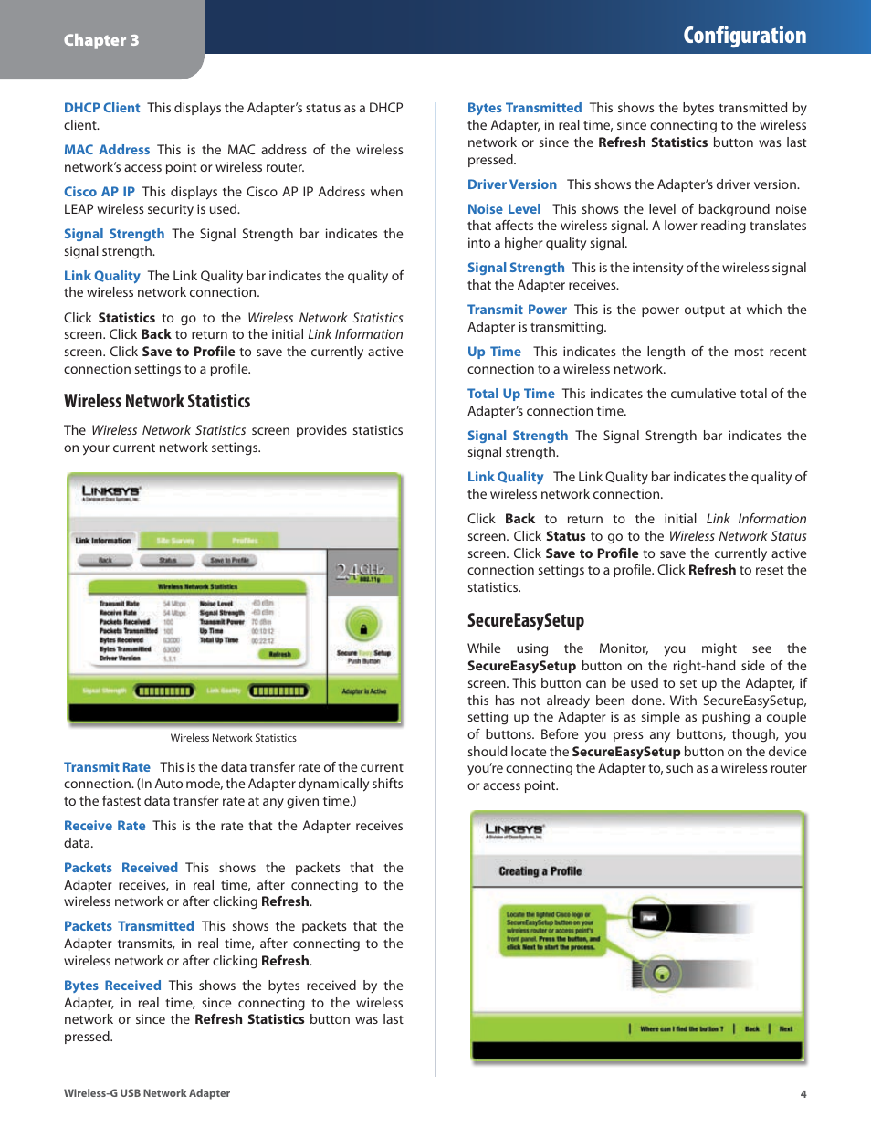 Configuration, Wireless network statistics, Secureeasysetup | Cisco WUSB54G User Manual | Page 7 / 40