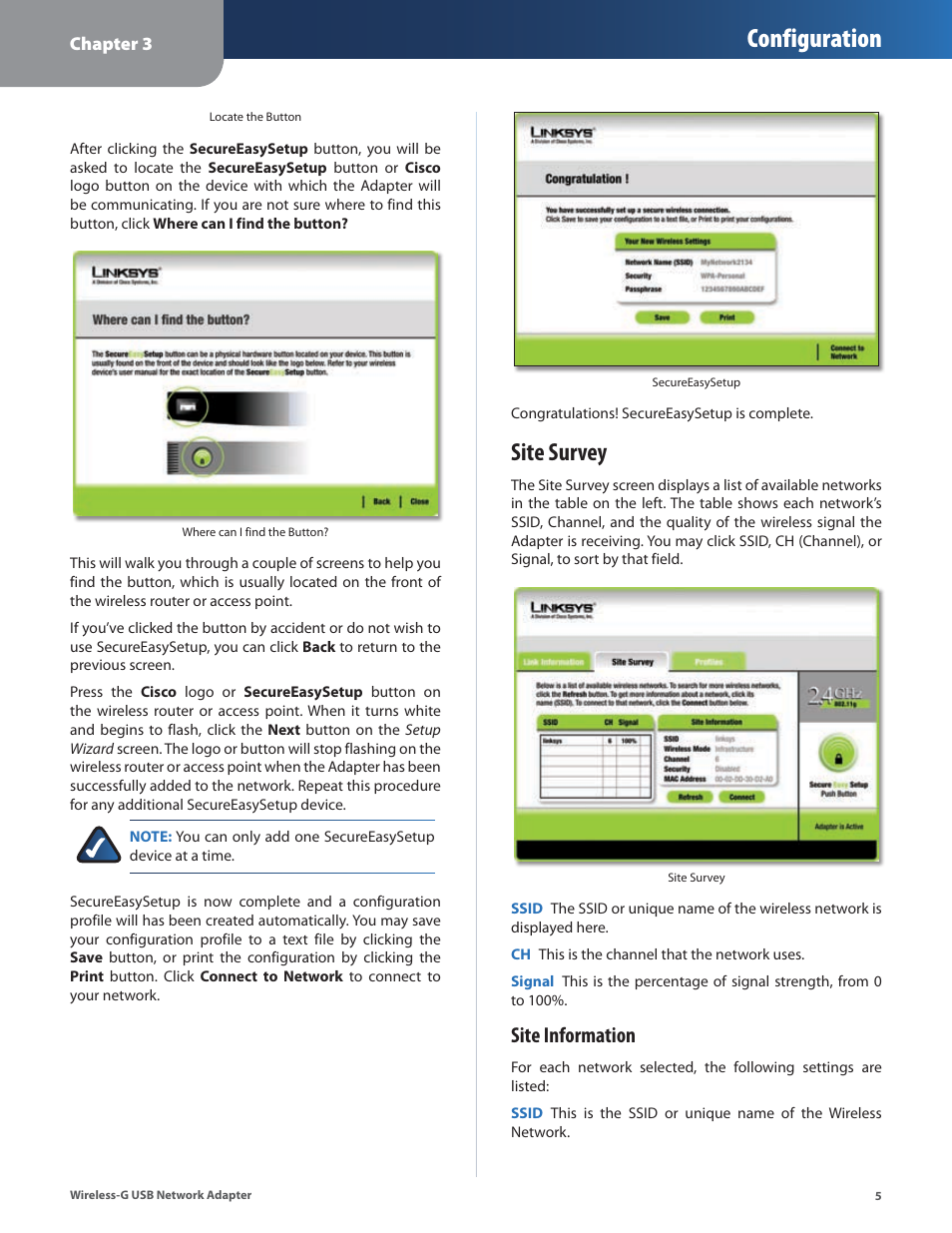 Site survey, Configuration, Site information | Cisco WUSB54G User Manual | Page 8 / 40