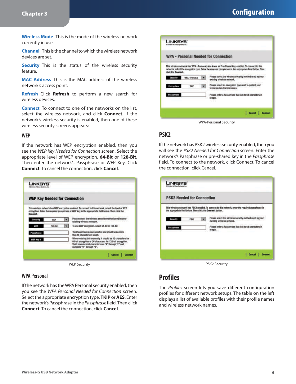 Profiles, Configuration, Psk2 | Cisco WUSB54G User Manual | Page 9 / 40