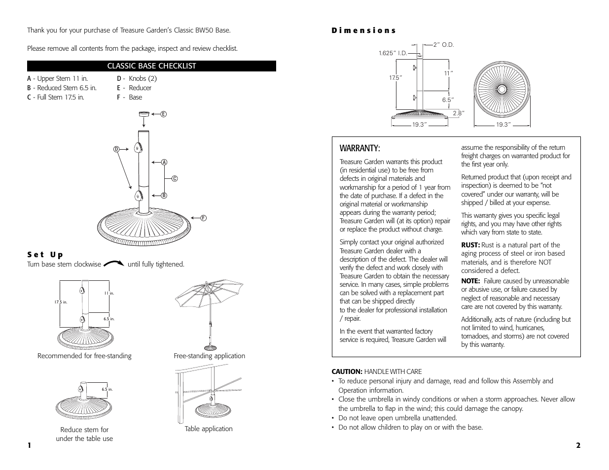 Warranty | Treasure Garden BW50x Classic Base User Manual | Page 2 / 4