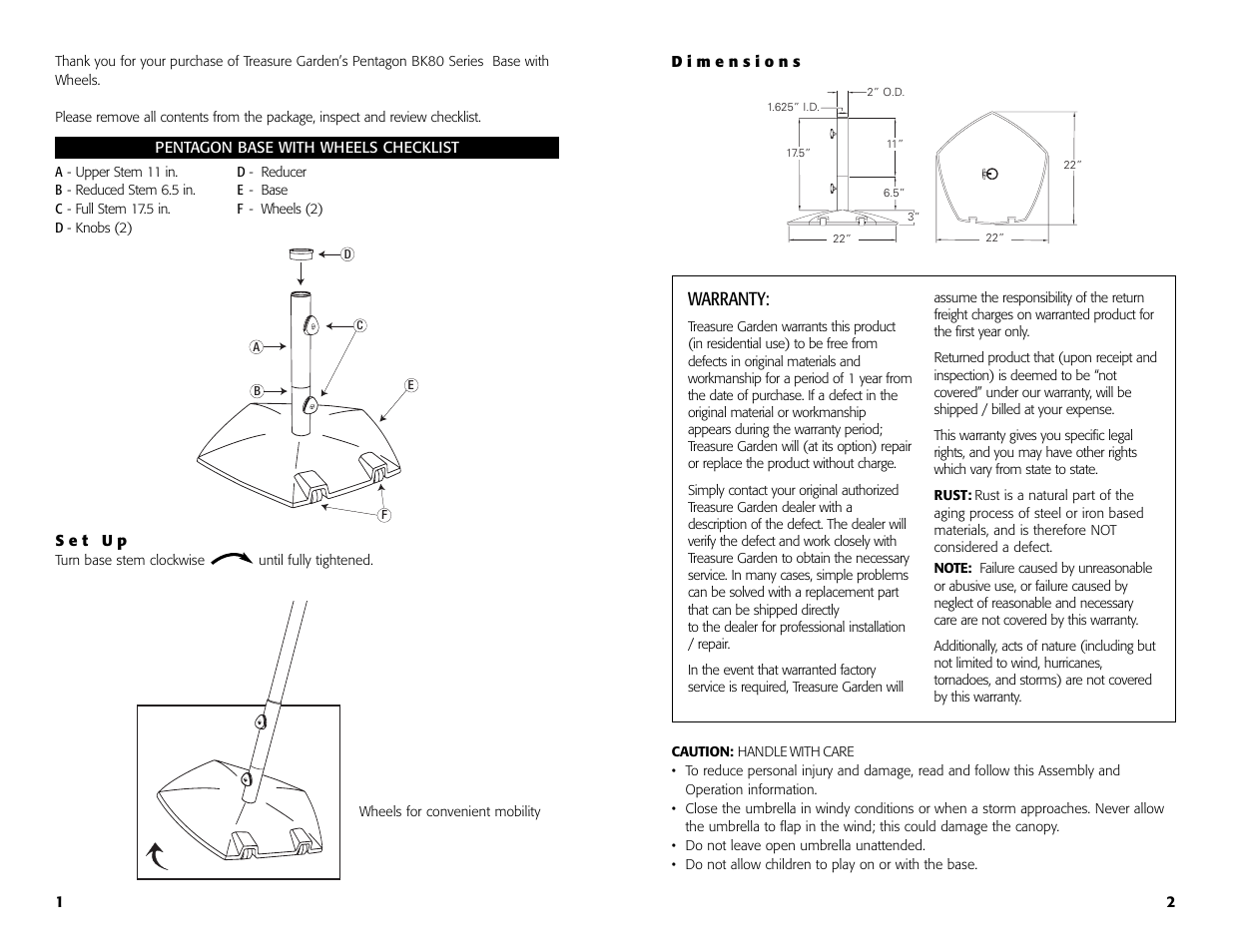 Warranty | Treasure Garden BK80x Pentagon Base User Manual | Page 2 / 4